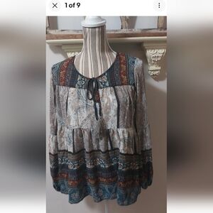 Bohemian Patchwork Blouse Knox Rose Paisley Boho Top Long Sleeve Womens XS